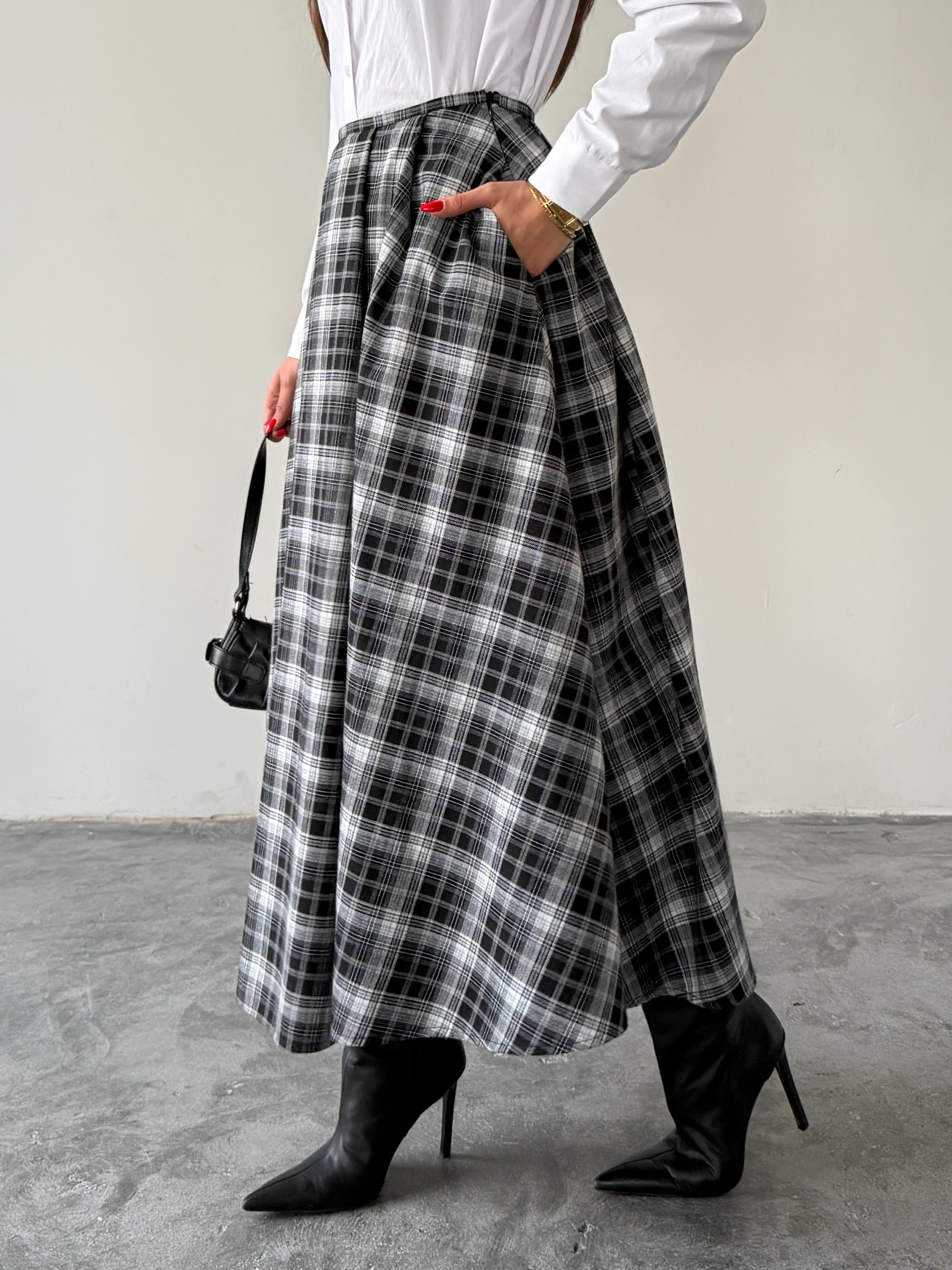 Pile Detaylı Ekose Kloş Etek