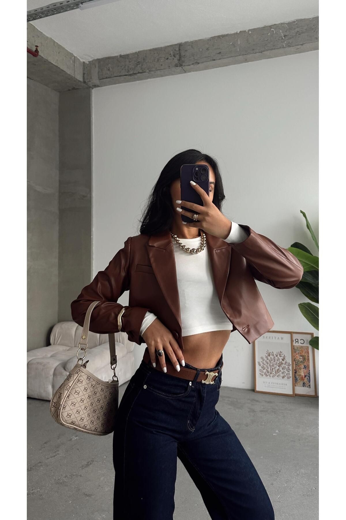 Crop Deri Blazer Ceket Taba