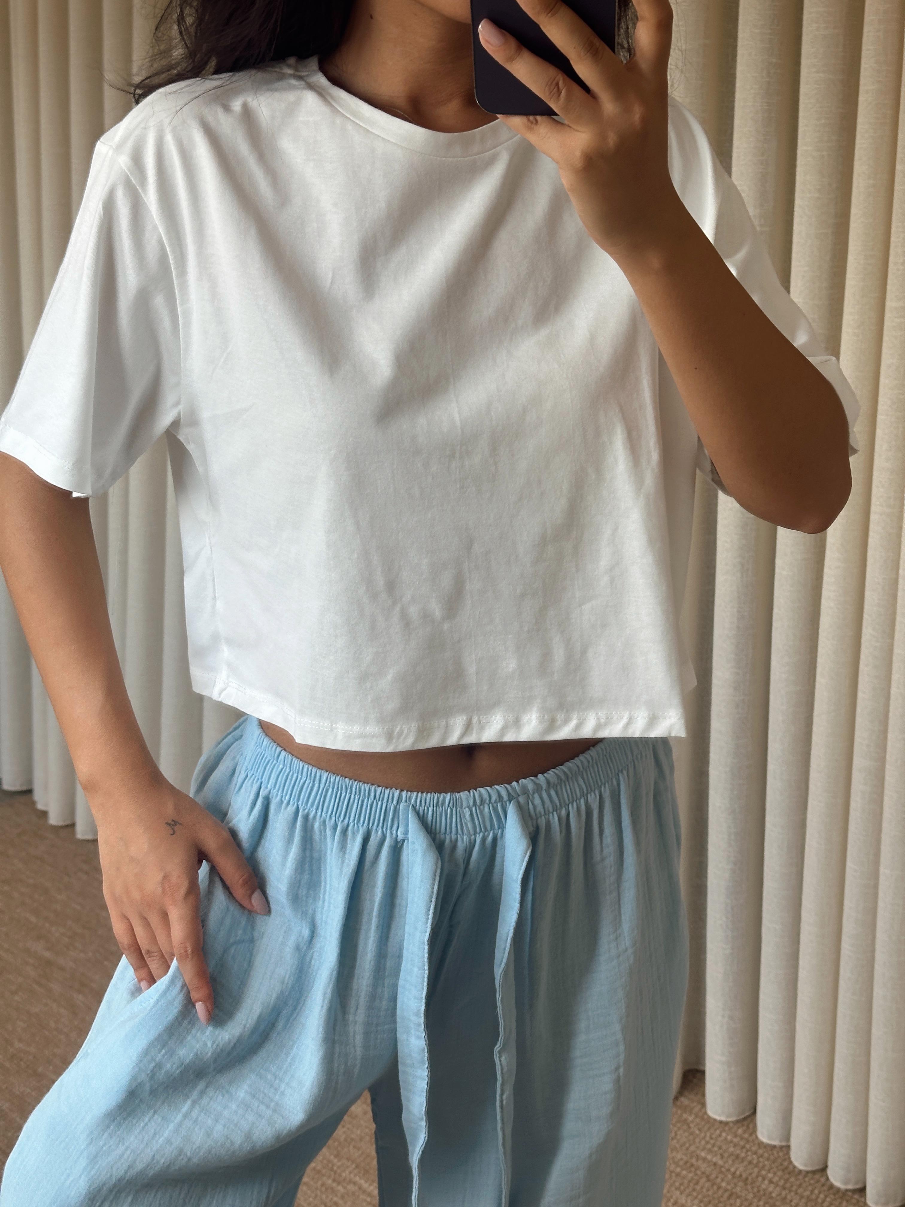 Düz Kısa Kol Crop Basic - Beyaz