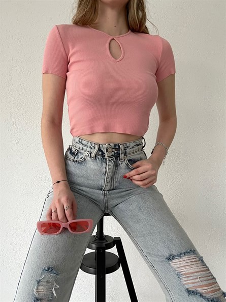 Boyun Dekolte Fitilli Basic Pembe
