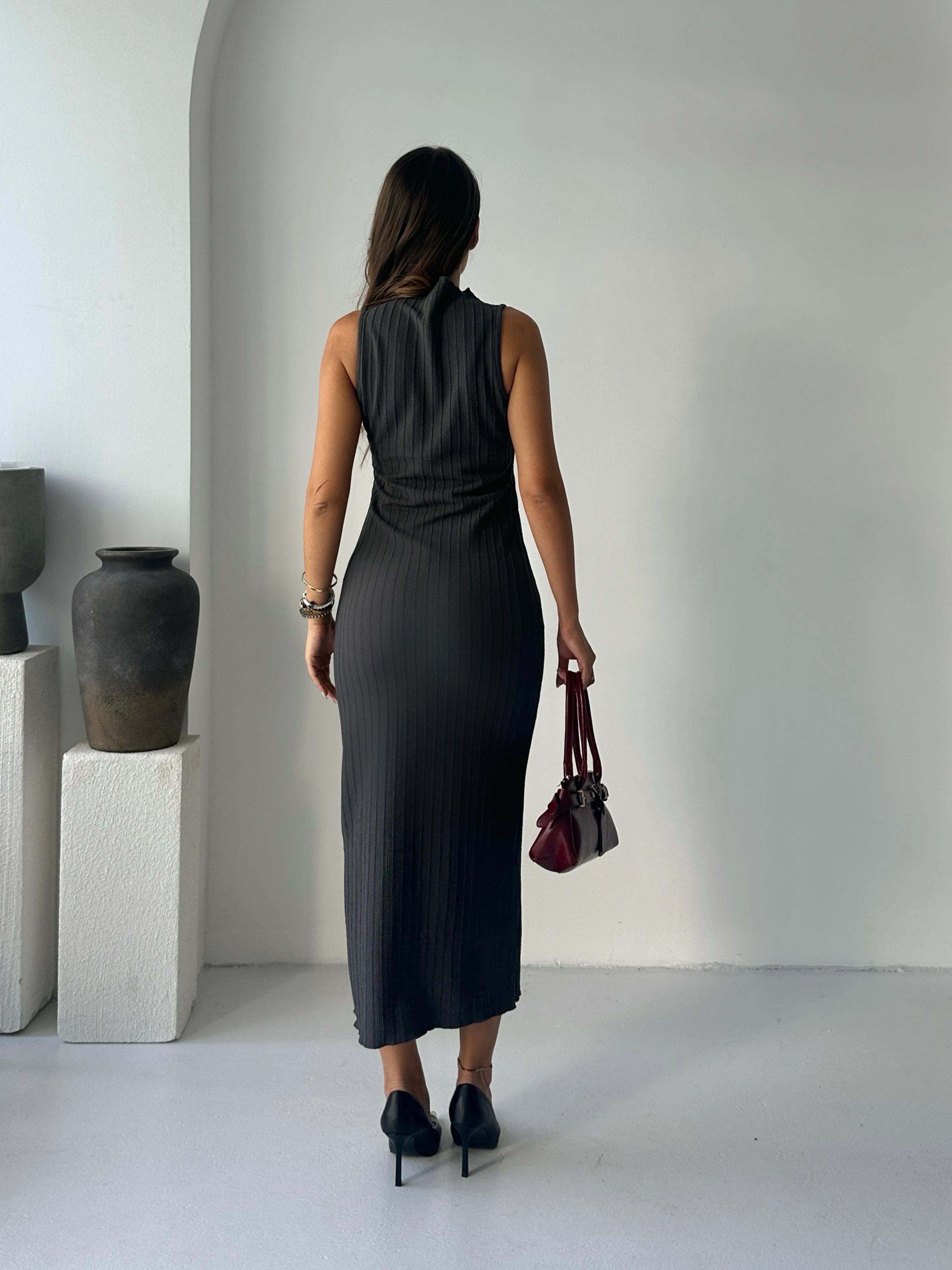 Kendinden Çizgili Sıfır Kol Elbise - Antrasit