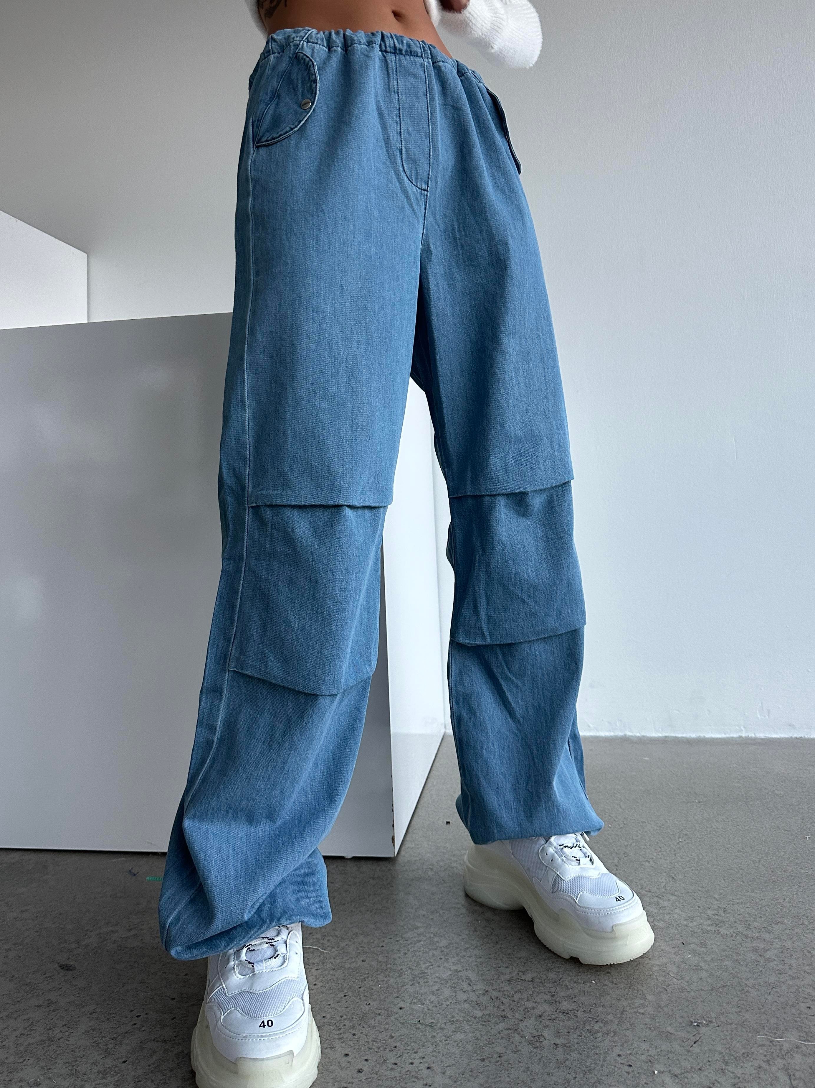 Denim Dokulu Bel Lastik Jogger Paraşüt Pantolon Mavi
