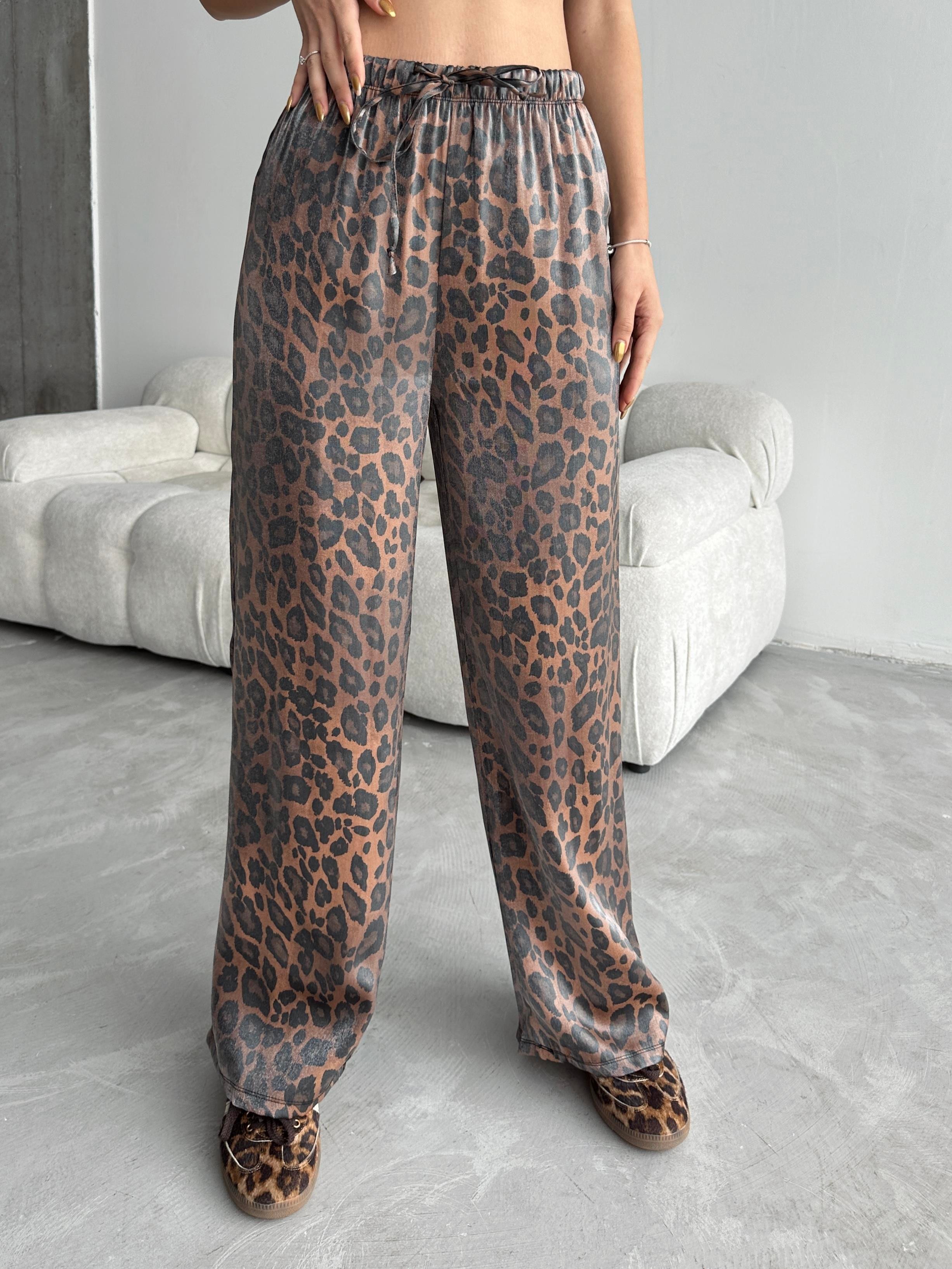 Lumin Leopar Saten Pantolon Kahve Leopar
