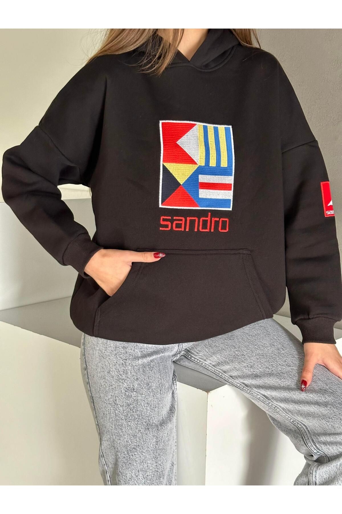 Sandro Kabartma İşleme Oversize 3 İplik Sweatshirt Siyah