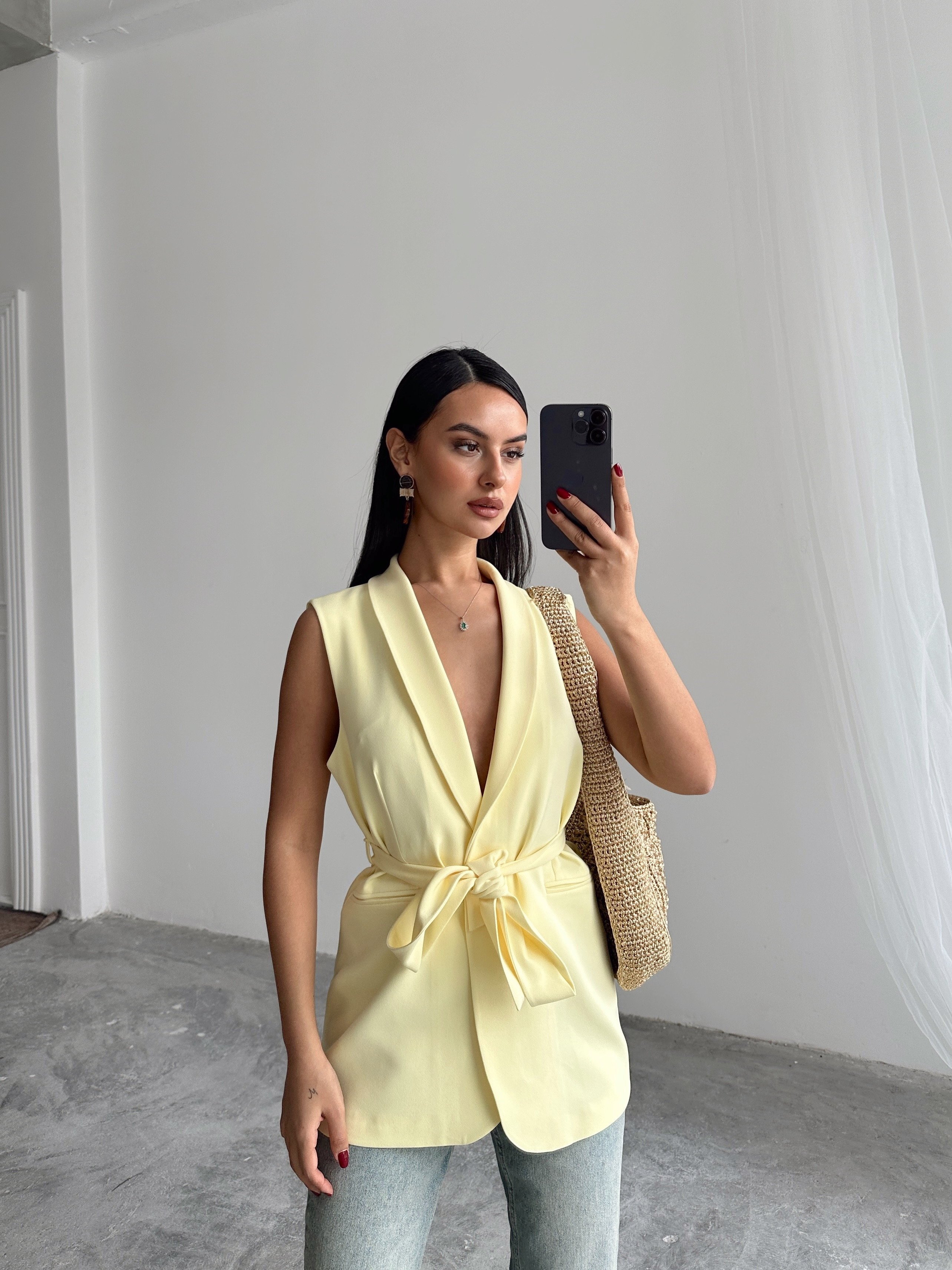 Bağlamalı Blazer Yelek  - Sarı
