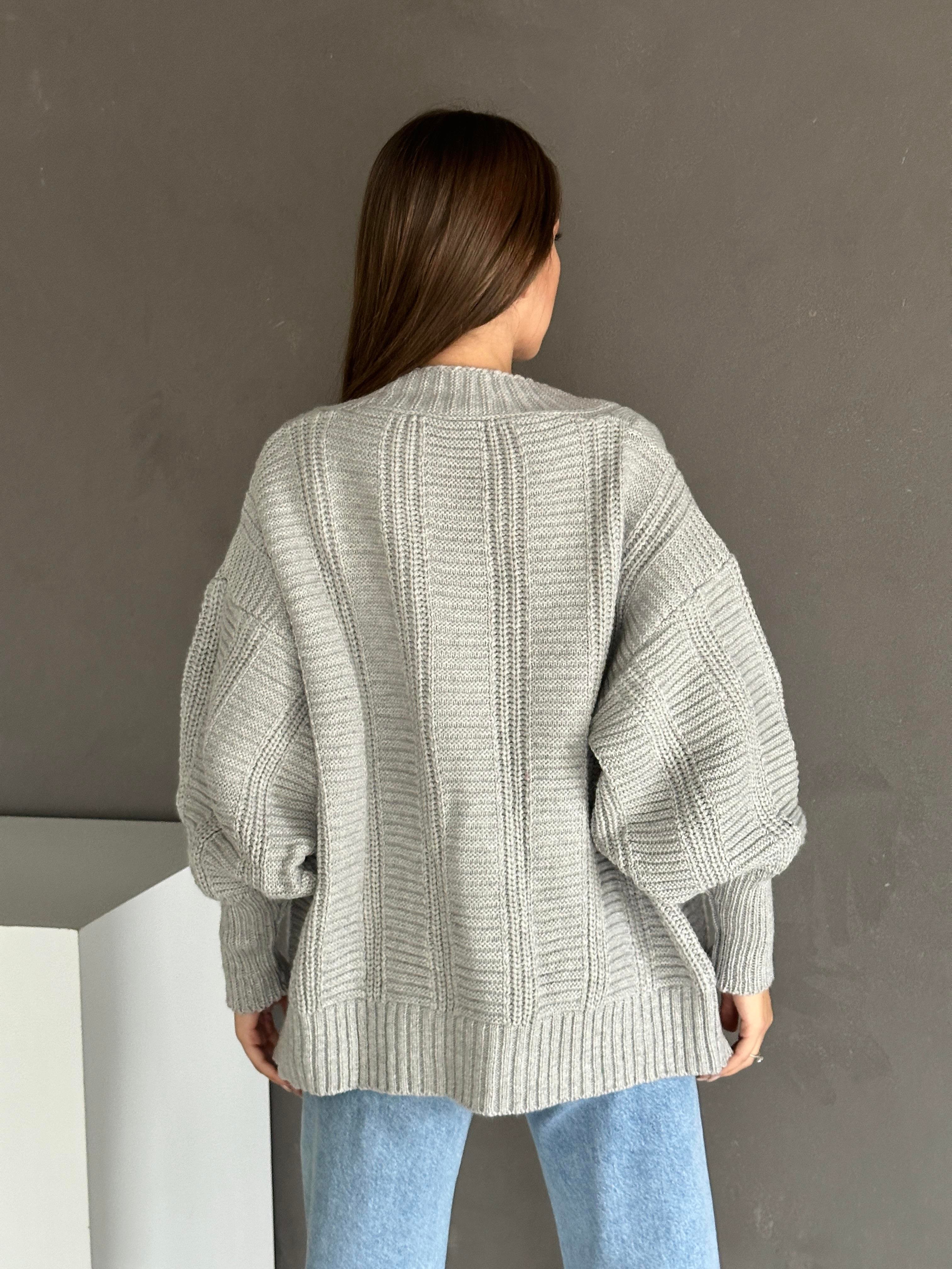 Düğmeli Oversize Örgü Hırka Açık Gri