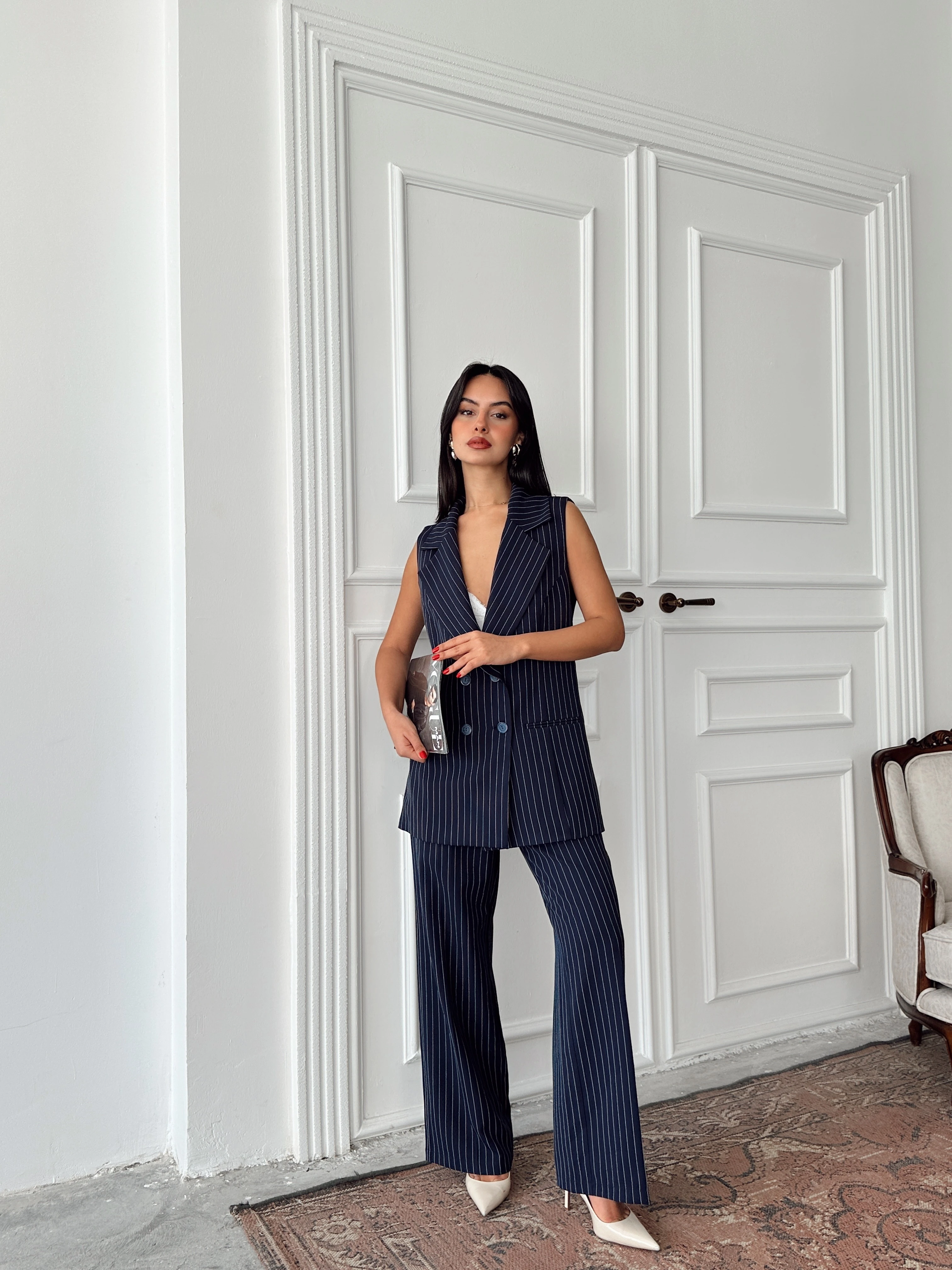 Ceket Yaka Line Yelek - Lacivert