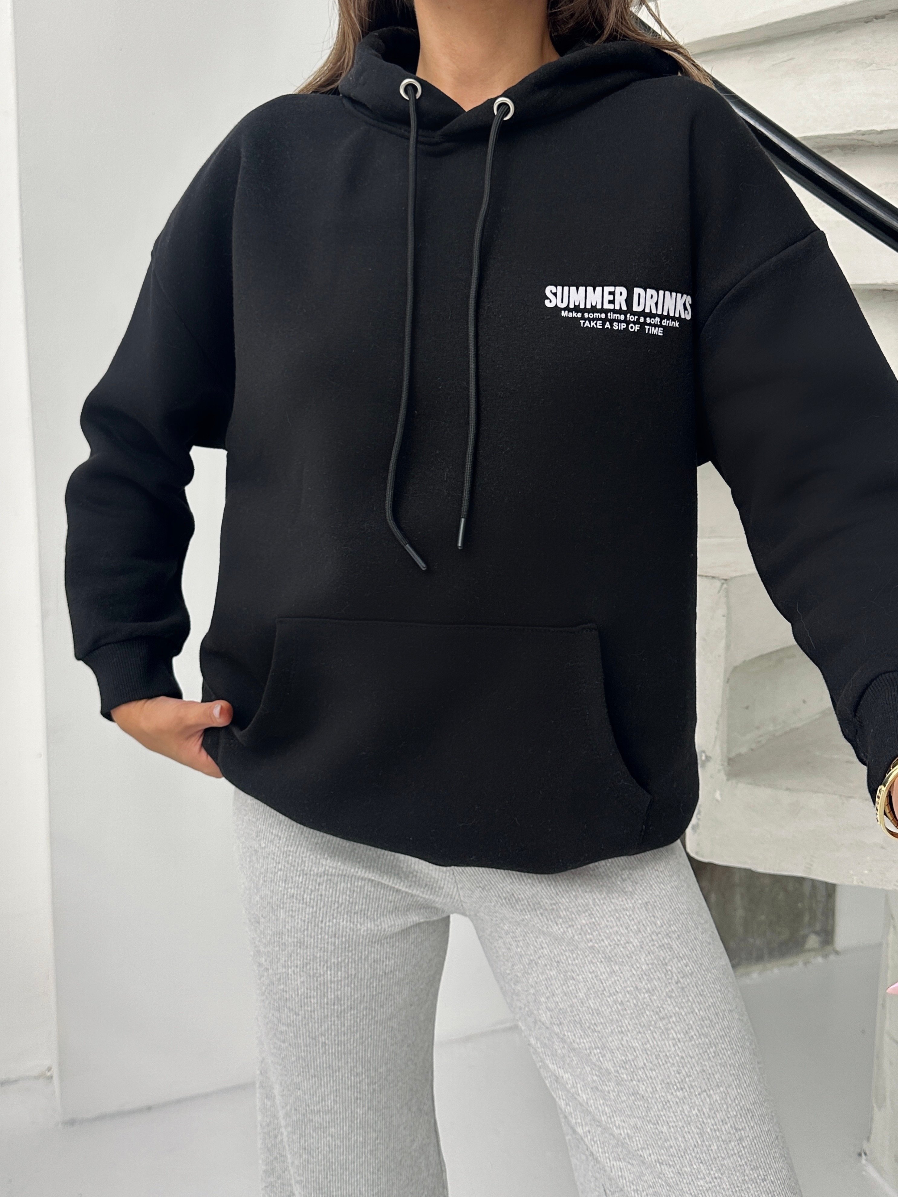 Baskılı Kapüşonlu Oversize Sweat - Siyah