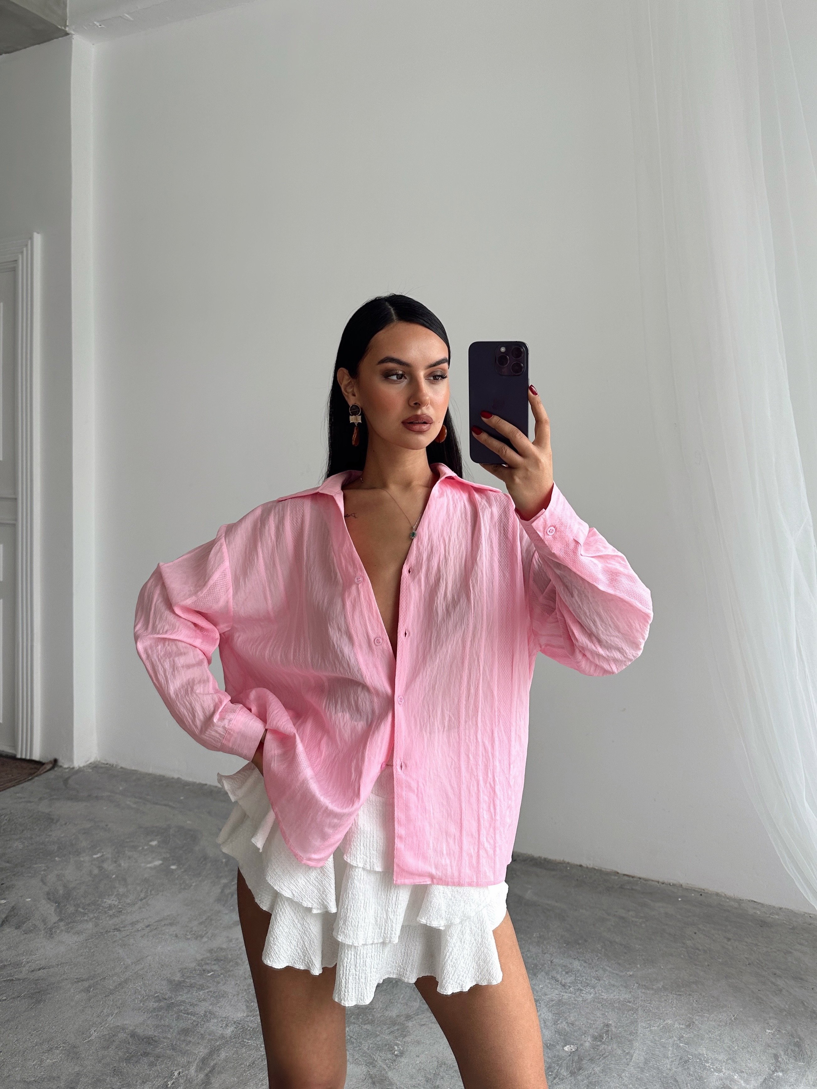 V yaka Dokulu Gömlek - Pudra Pembe