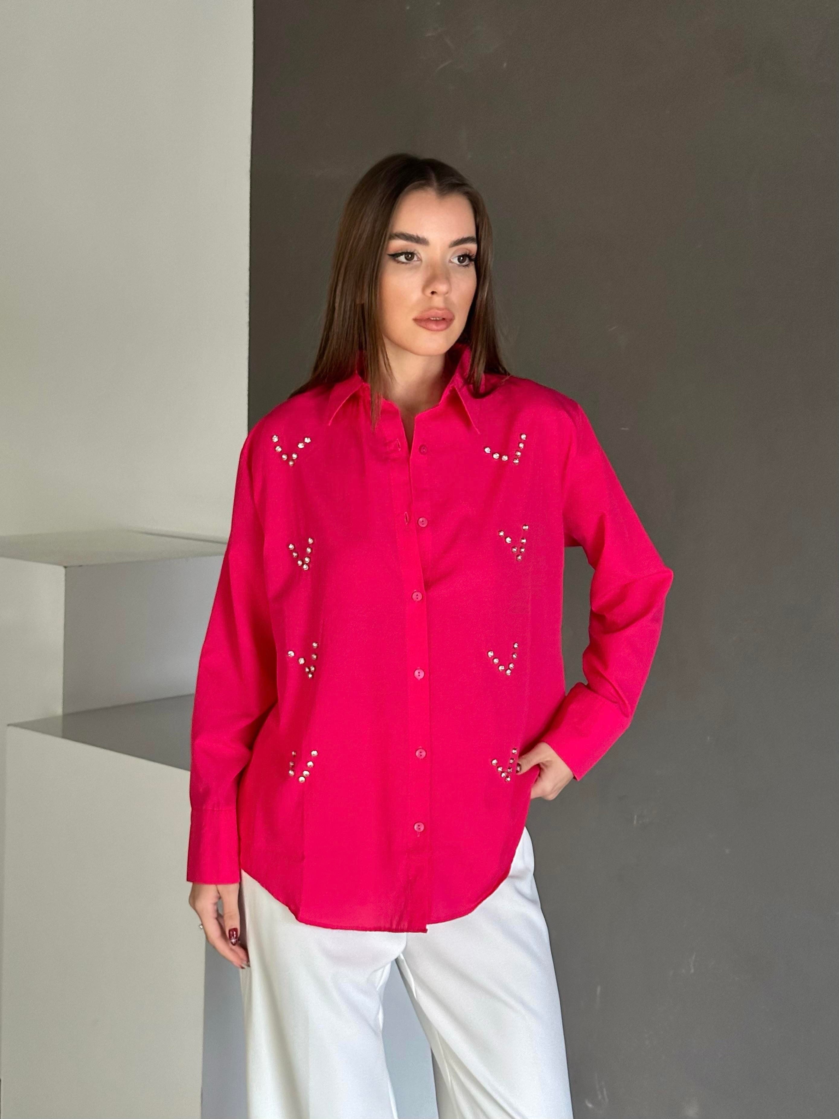 Taşlı Shimmer Gomlek Fuşya
