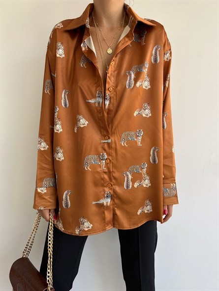 Leopar Oversize Saten Gömlek Taba