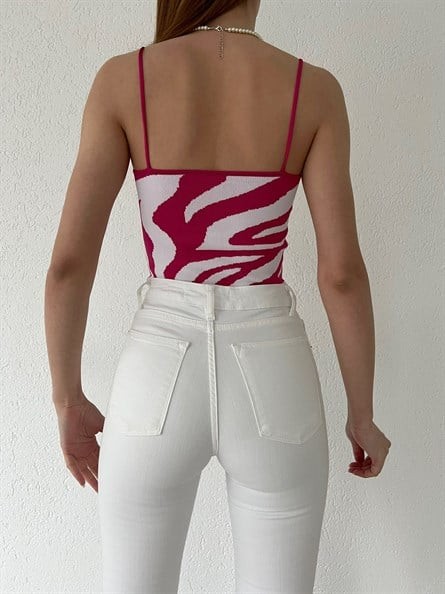 İp Askı Zebra Desenli Triko Bluz Fuşya-Beyaz