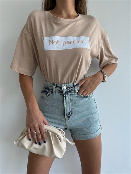 Not Perfect İşleme Oversize Basic Taş-Beyaz