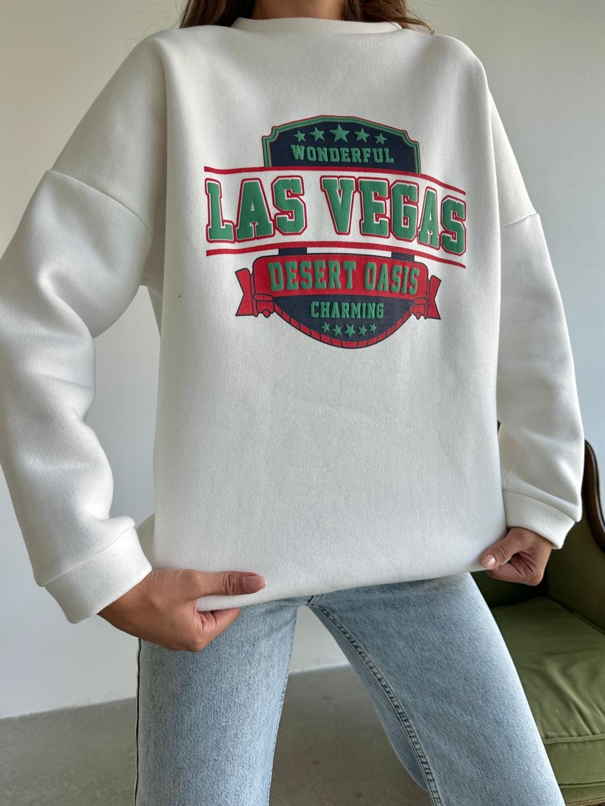 Las Vegas Üç İplik Oversize Sweat Beyaz