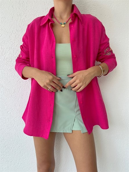 Kol Nakış İşleme Oversize Keten Gömlek Fuşya