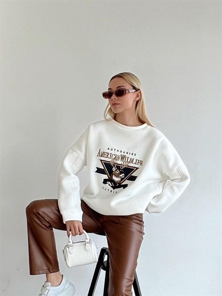 Nakışlı Oversize 3 İplik Sweat Beyaz