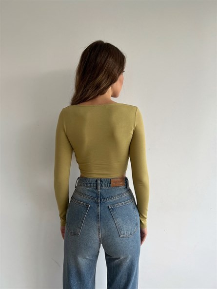 Be Happy Ön Burgu Croptop Yağ Yeşili