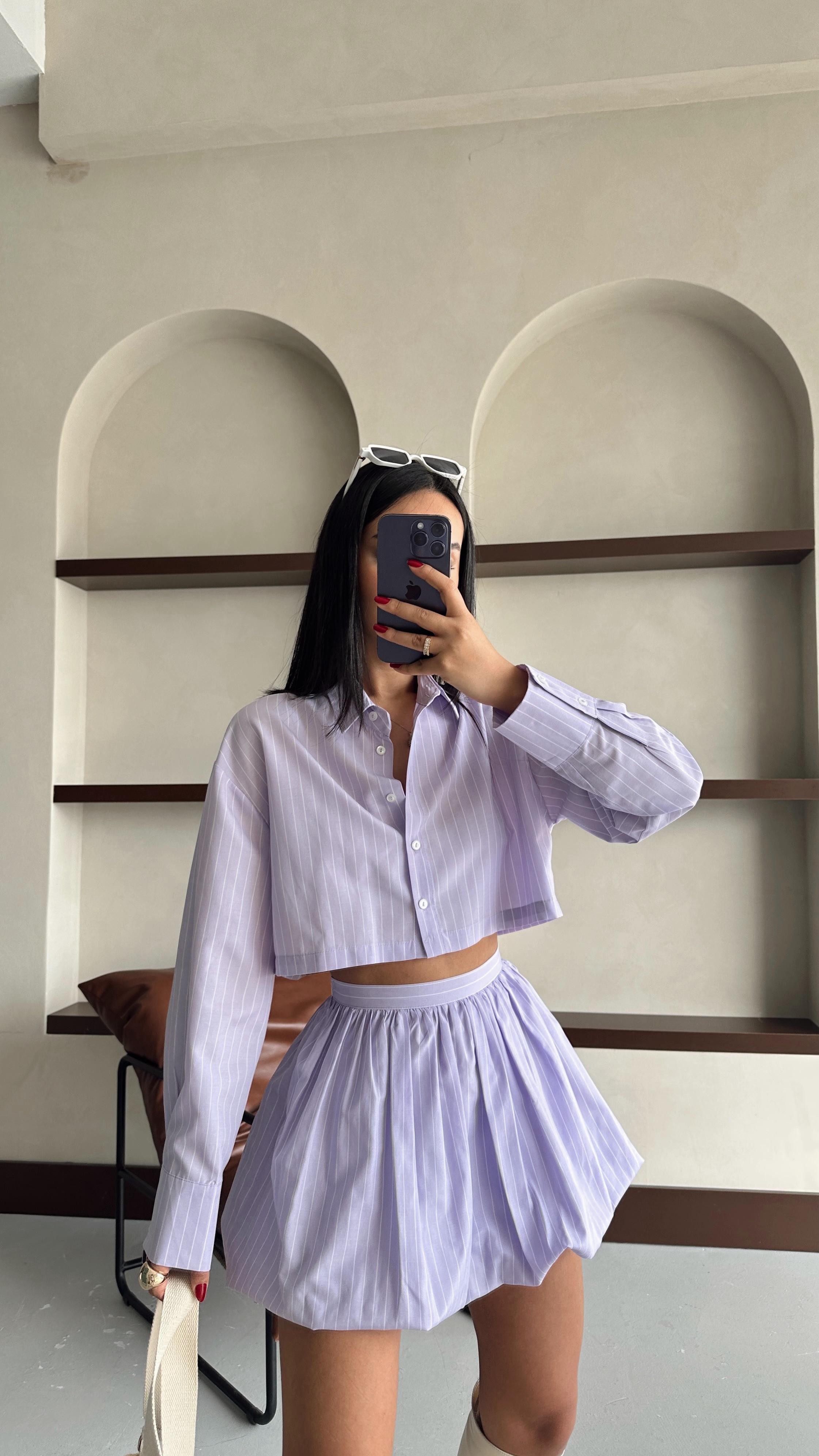 Çizgili Poplin Gömlek - Lila