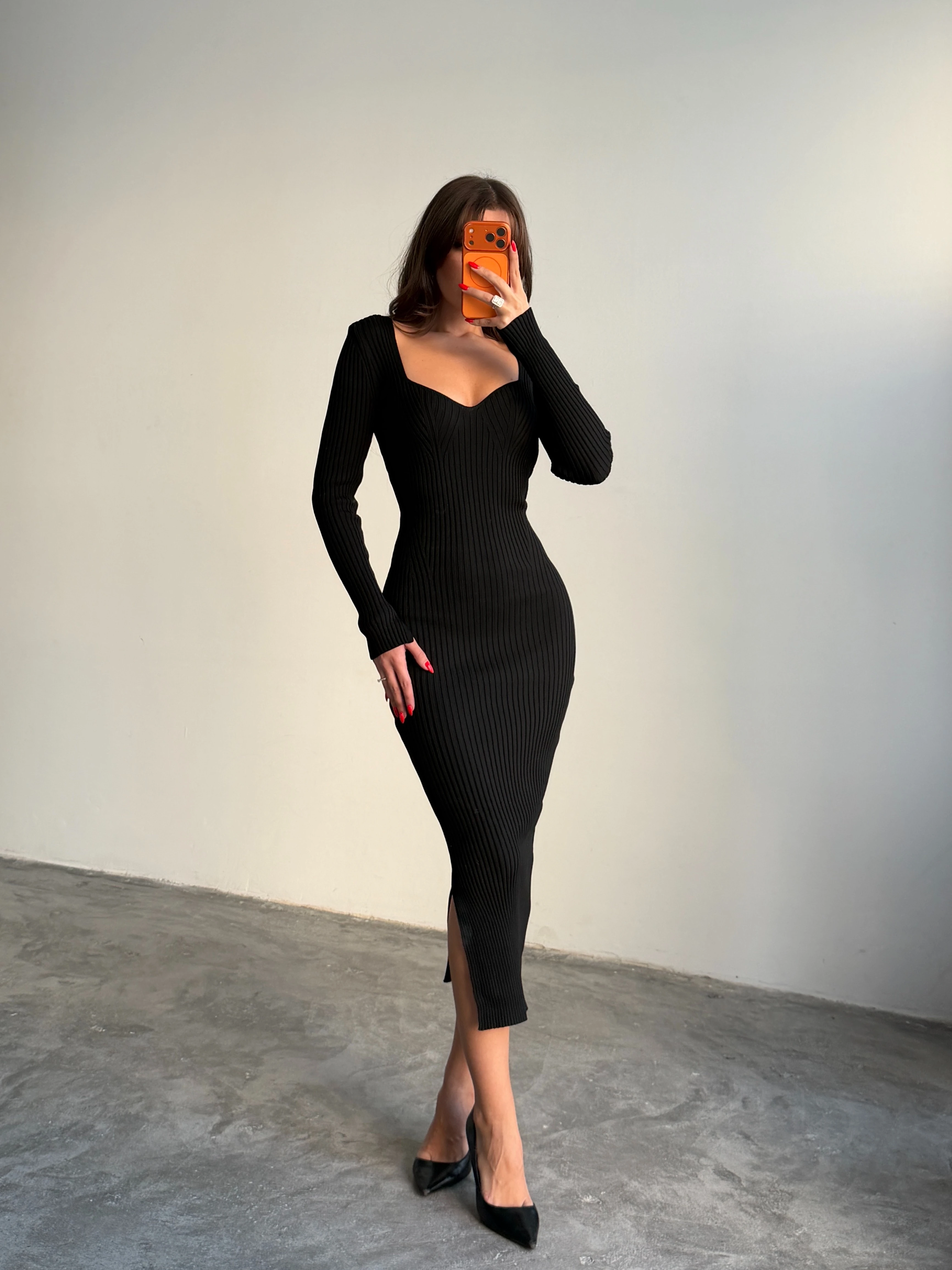 Kalp Yaka Fitilli Triko Elbise