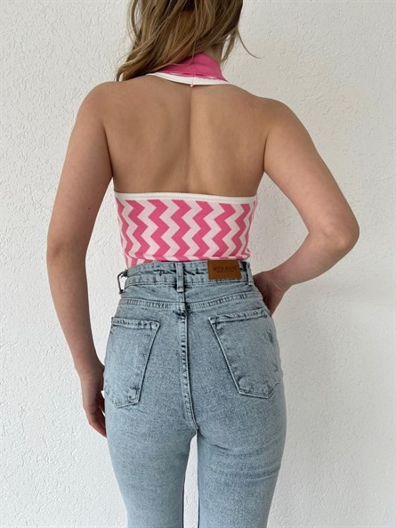 Polo Yaka Düğmeli Triko Bluz Pembe