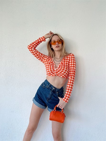 Pitikare Düğmeli Crop Bluz Oranj