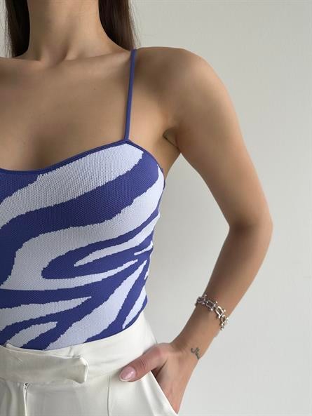 İp Askı Zebra Desenli Triko Bluz Mor-Beyaz