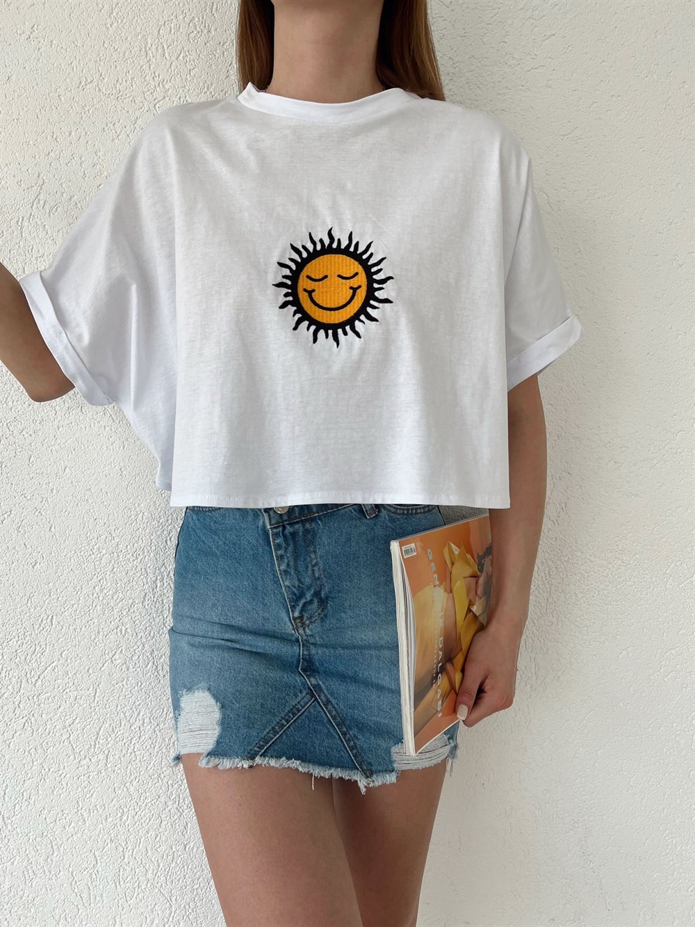 Sunshine İşleme Crop Basic Beyaz
