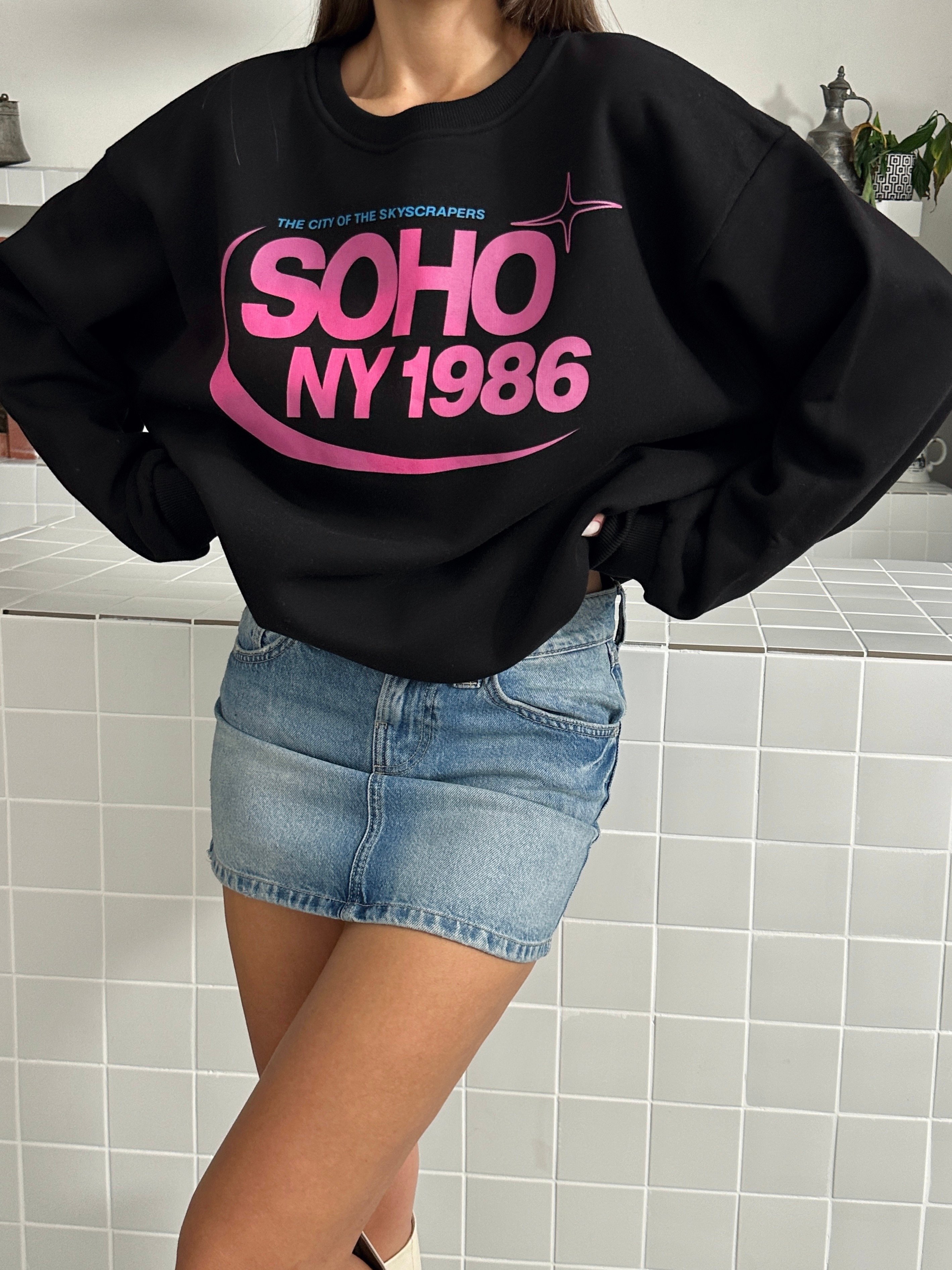 Soho Baskı Bisiklet Yaka Sweat Siyah