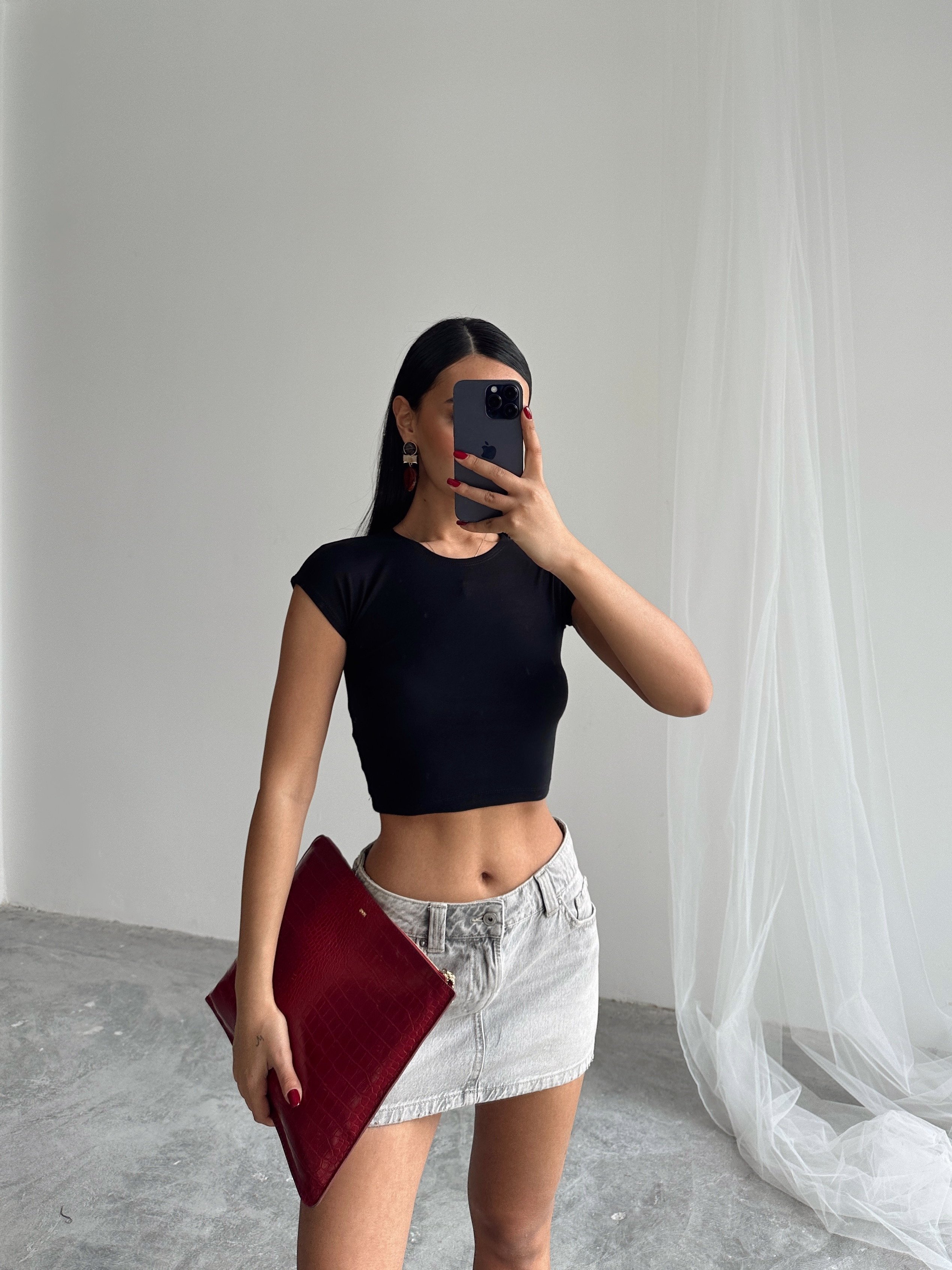 Pamuklu Crop Basic - Siyah