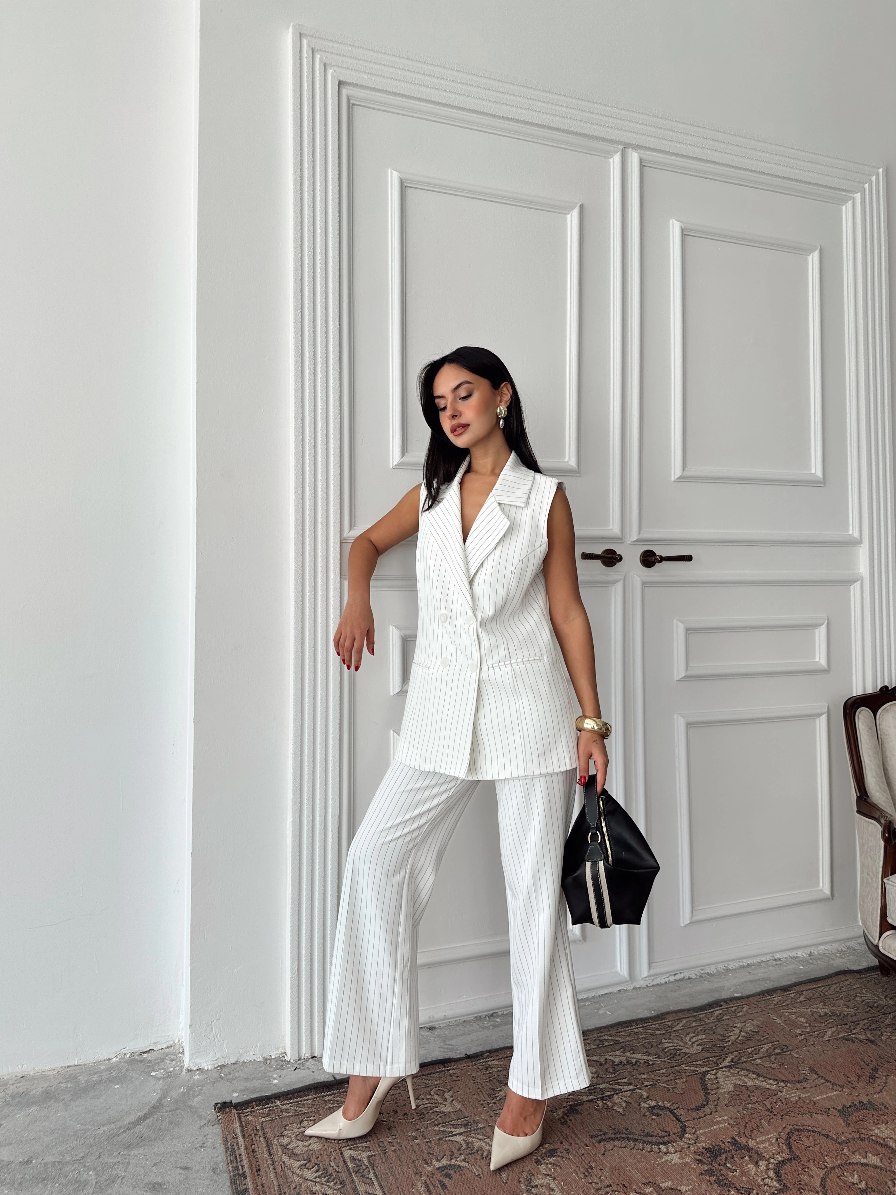 Ceket Yaka Line Yelek - Ekru