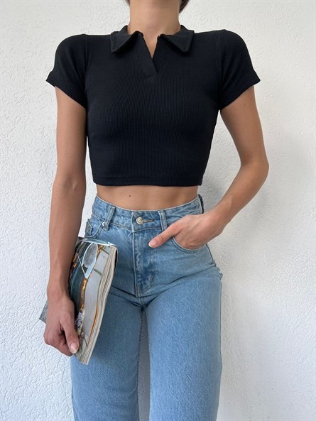 Polo Yaka Kaşkorse Crop Siyah