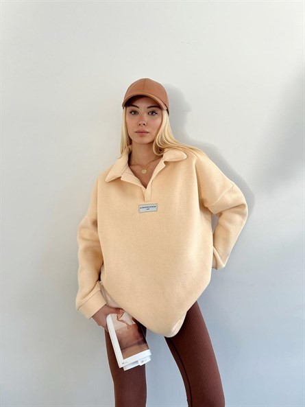 Polo Yaka Etiket Detay Sweatshirt Bej