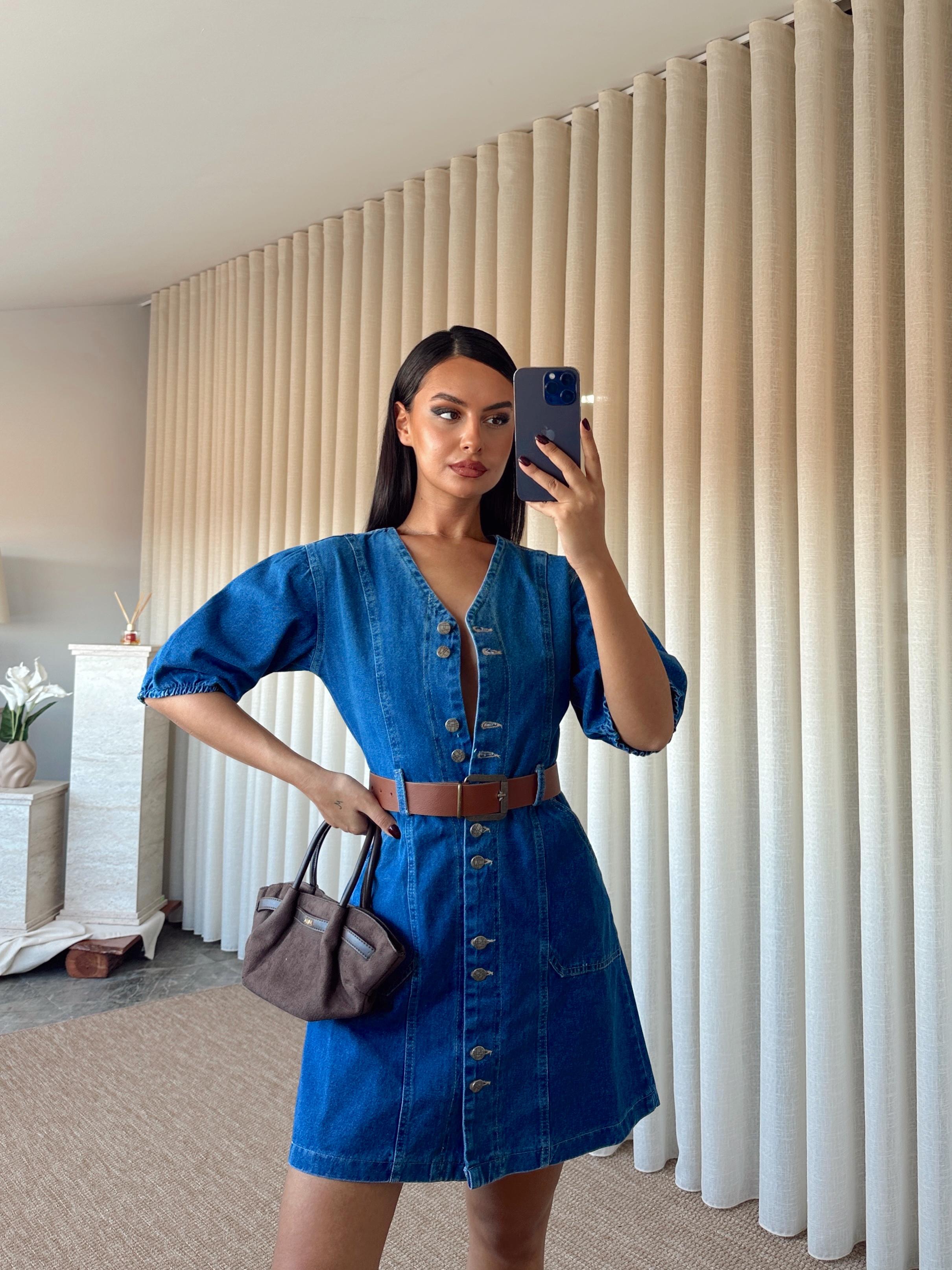 Kemerli Denim Elbise