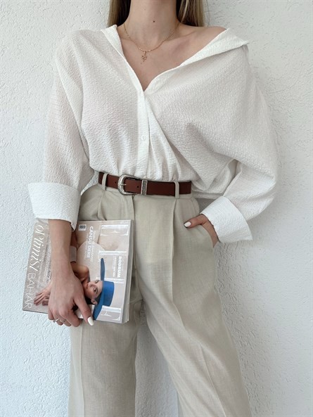 Yarasa Kol Oversize Gofre Gömlek Beyaz