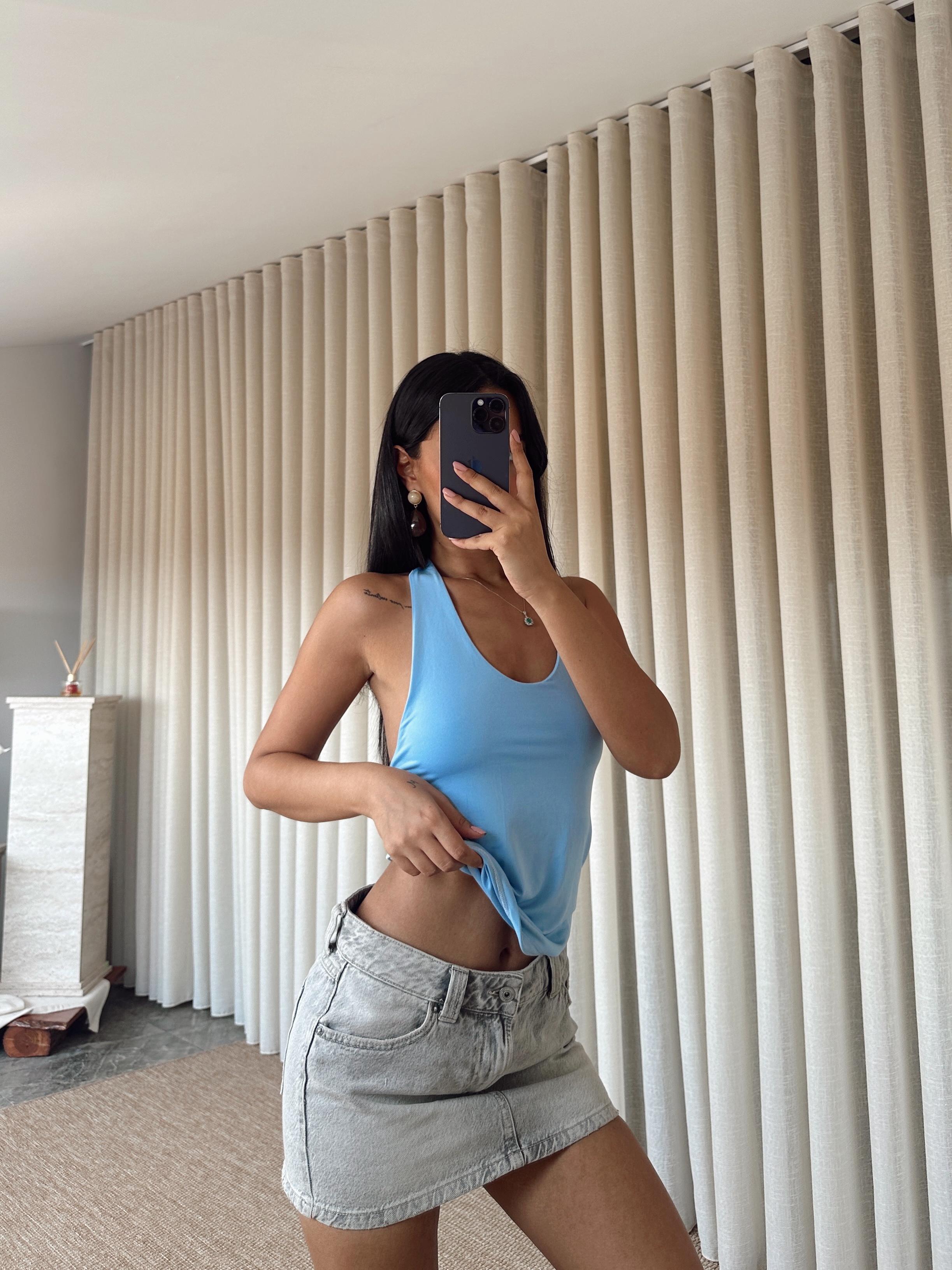 Boyundan Geçmeli Crop - Mavi
