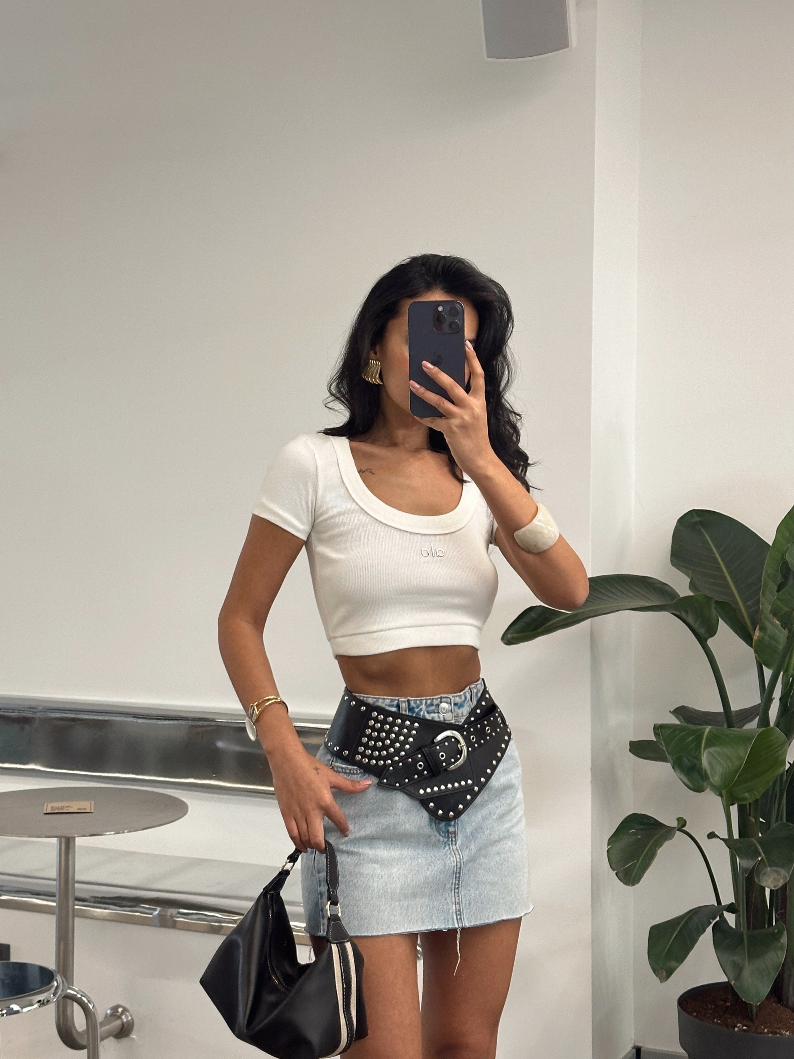 Geniş Yaka Baskılı Crop - Ekru