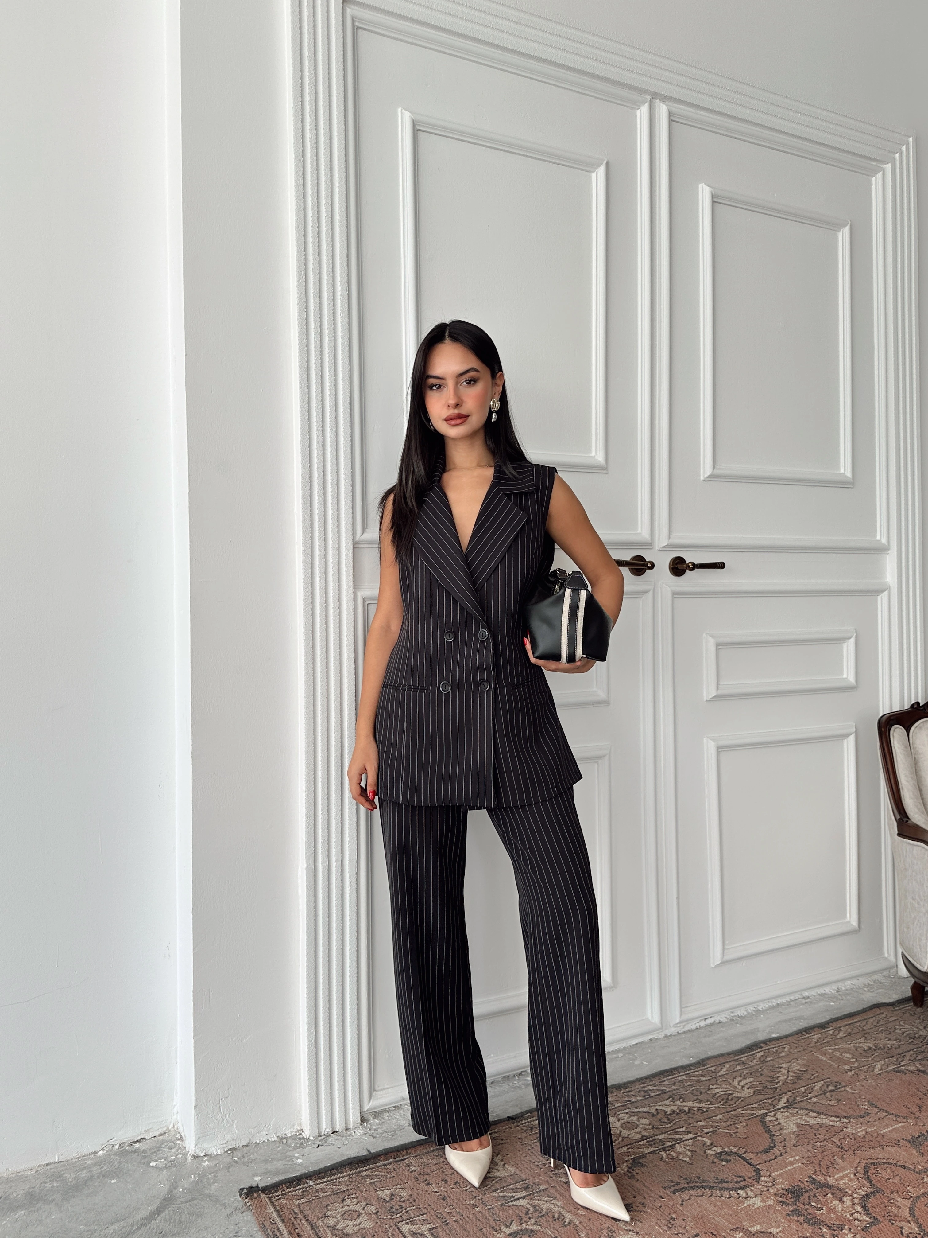 Ceket Yaka Line Yelek - Siyah