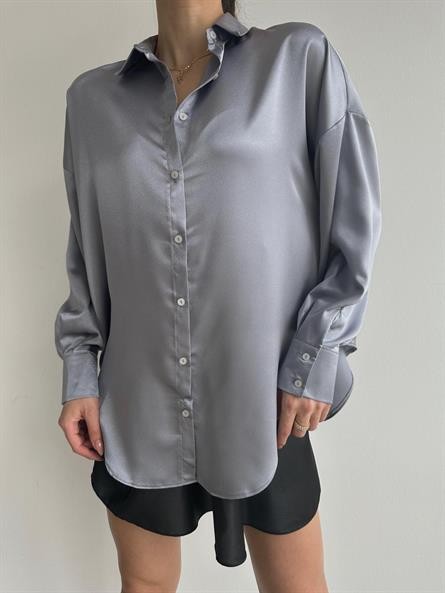 Oversize Saten Gömlek Gri