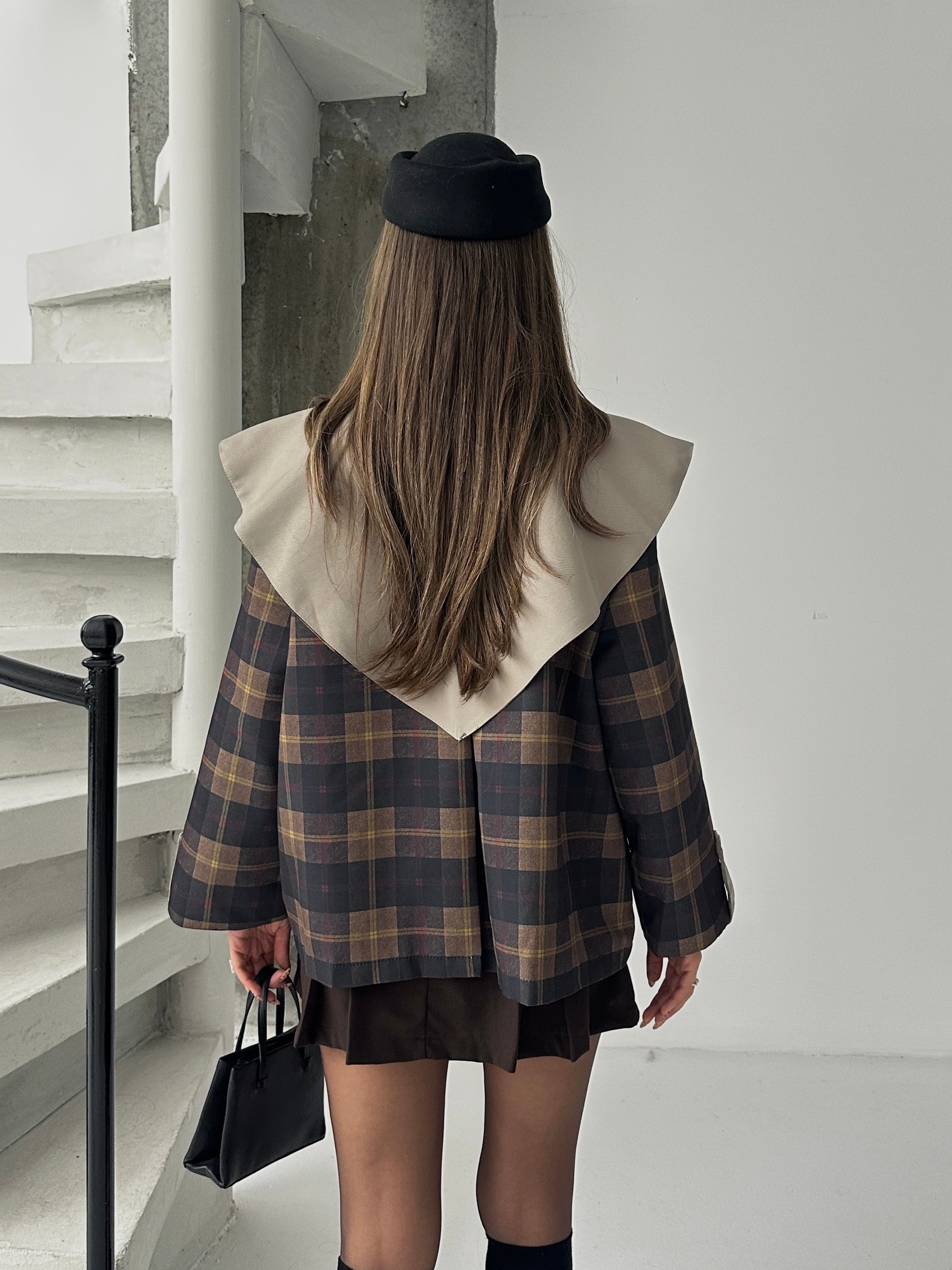 Pelerin Detay Kareli Ceket - lacivert-bej