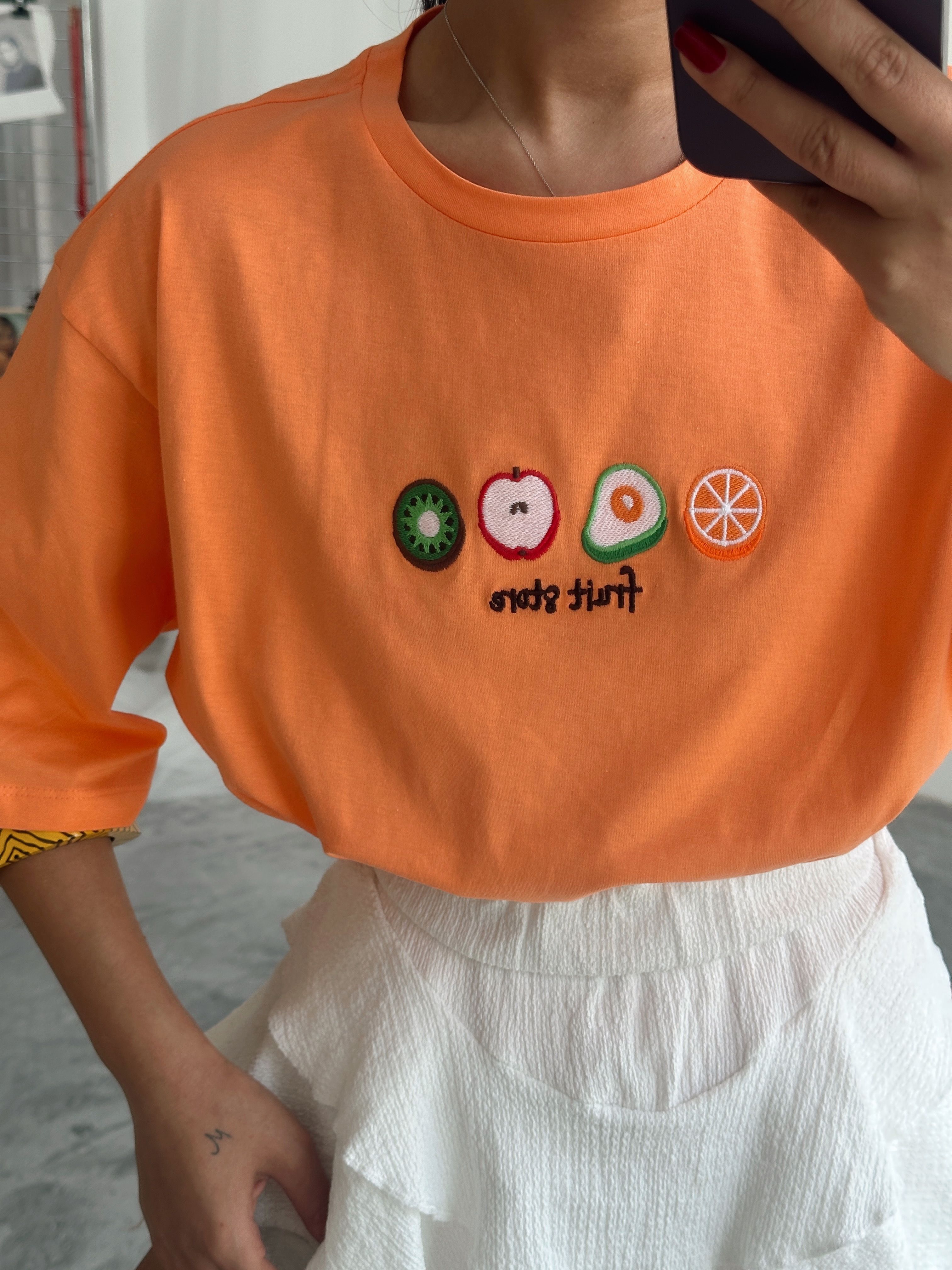 Fruit Nakış Basic T-shirt Turuncu