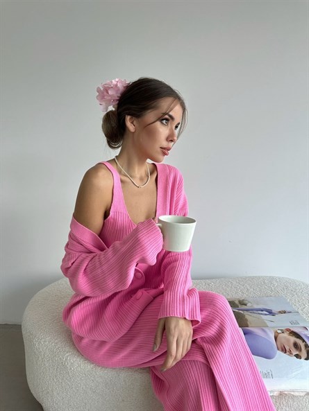 Üçlü Fitilli Triko Takım Pembe