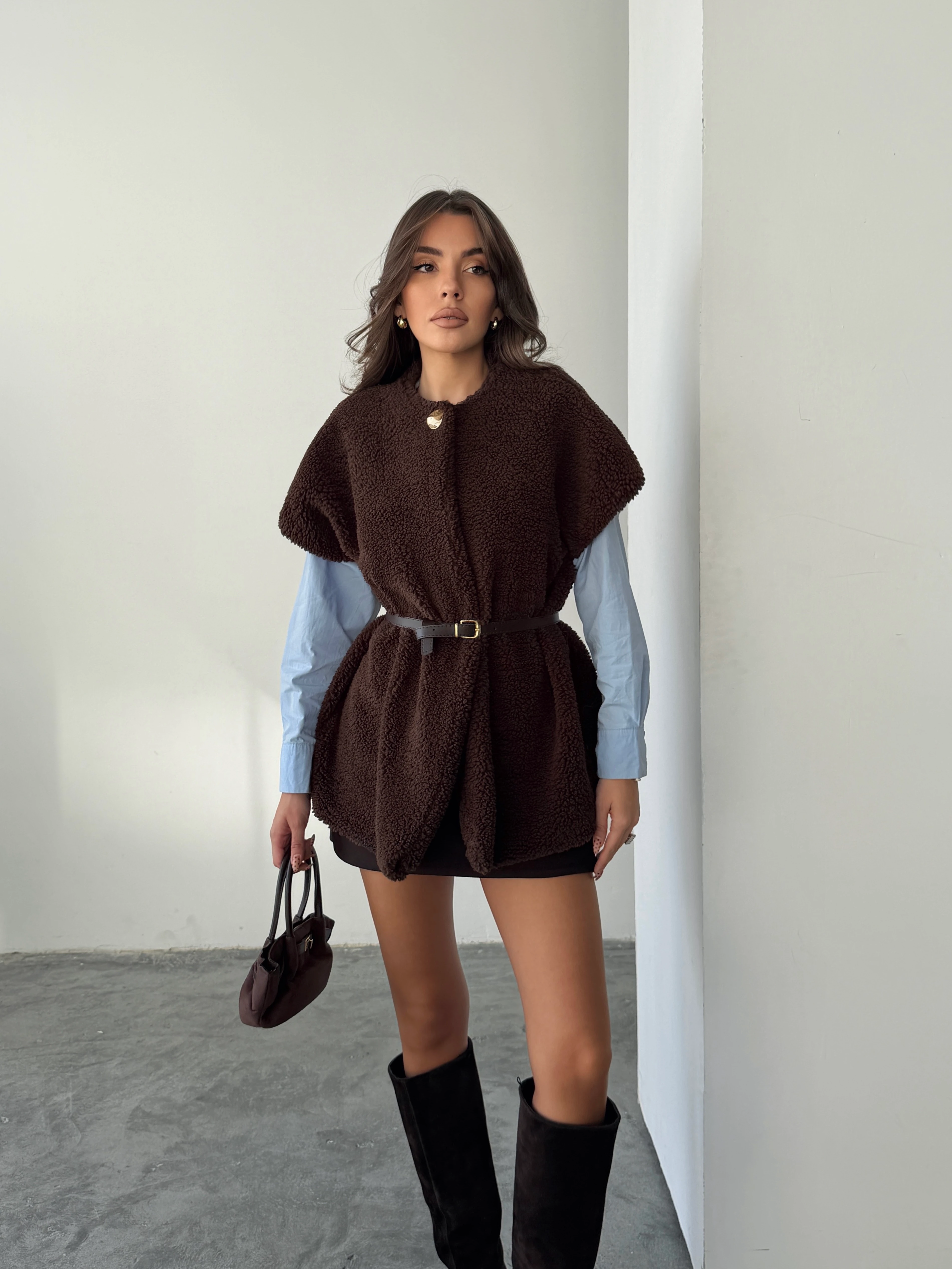 Kemerli Kürk Yelek - Kahverengi