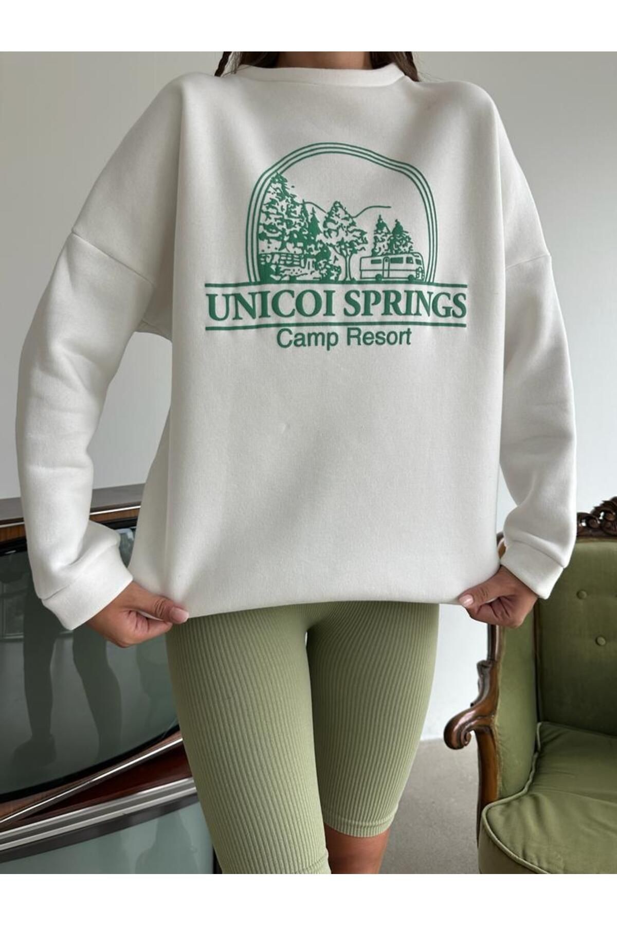 Unicoi Springs Üç İplik Oversize Sweat Beyaz