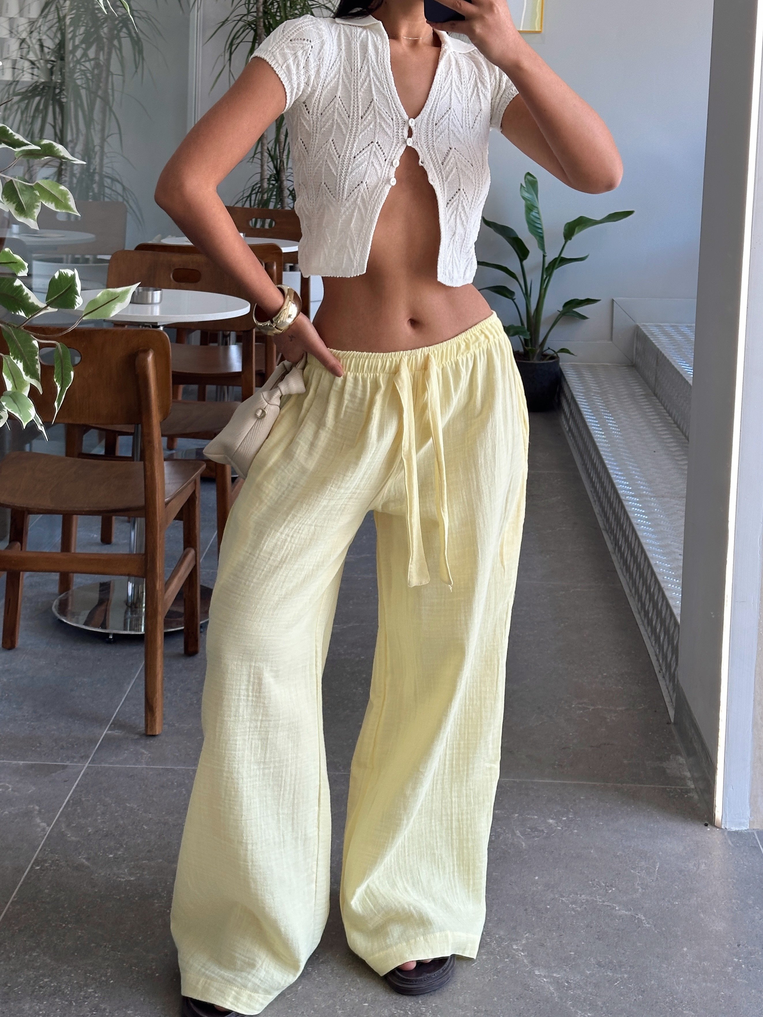 Müslin Kumaş Pantolon - Sarı