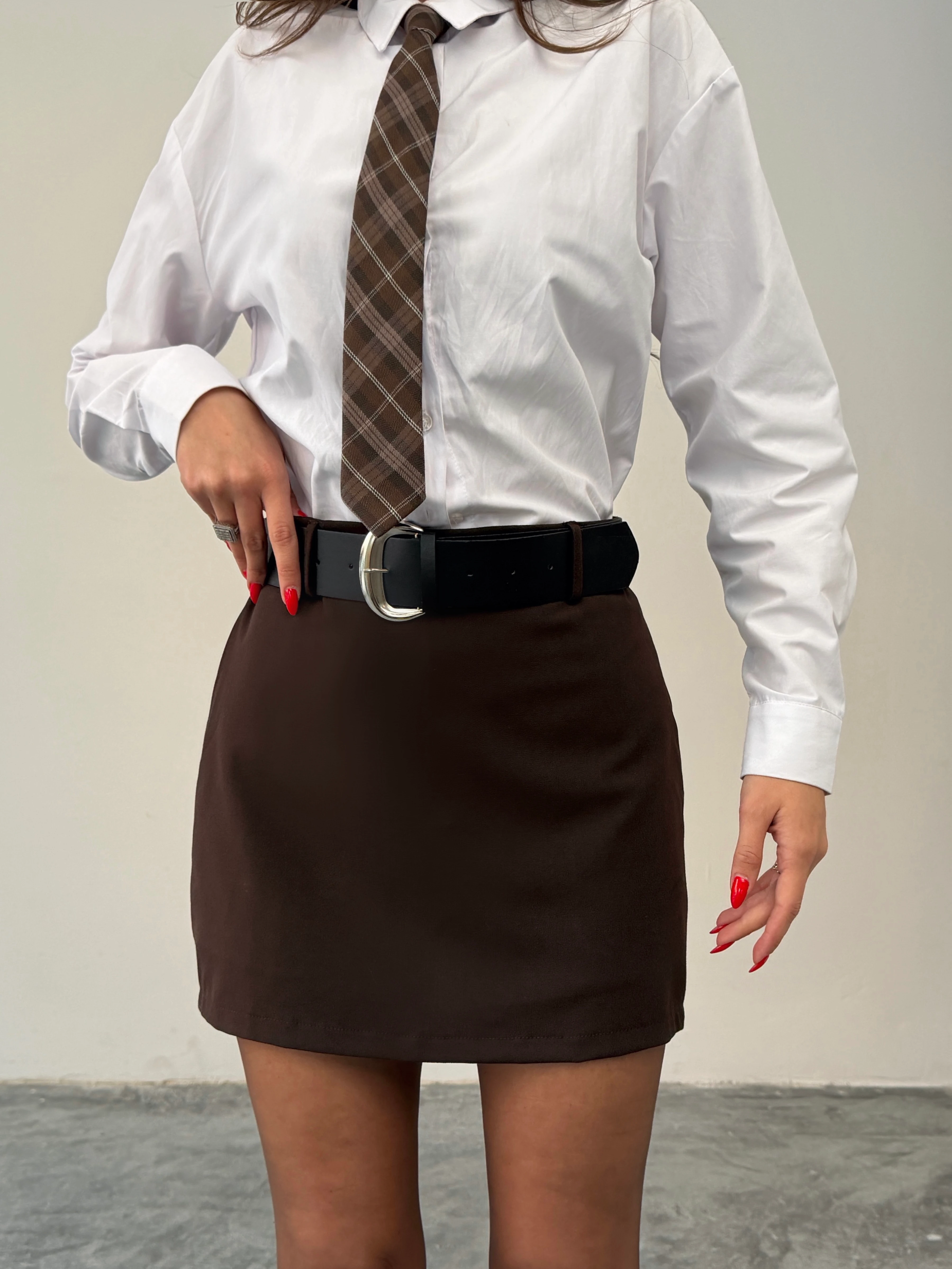 İçi Şortlu Kemerli Etek - Kahve