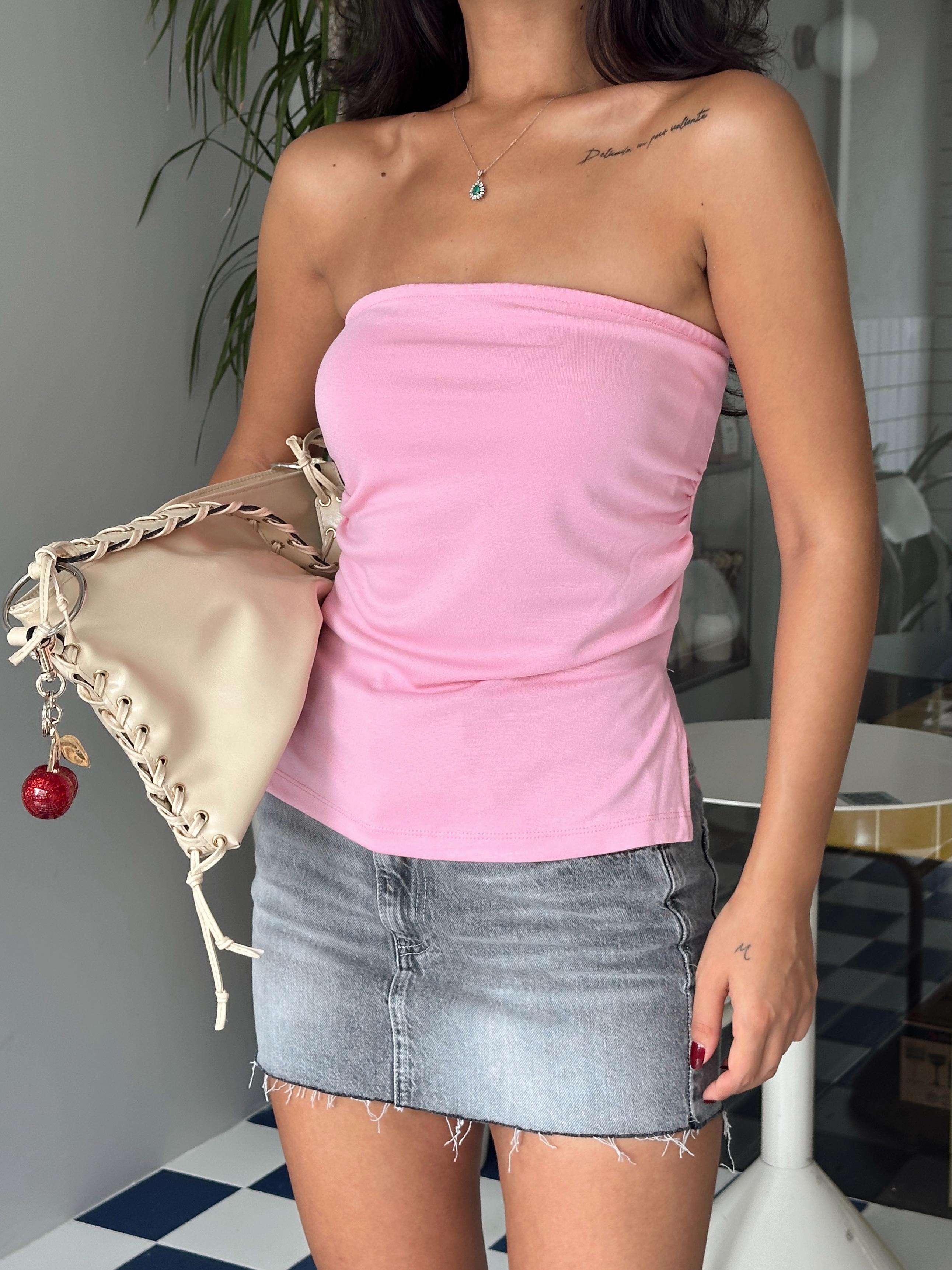 Yan Yırtmaç Straplez Bluz - Pembe