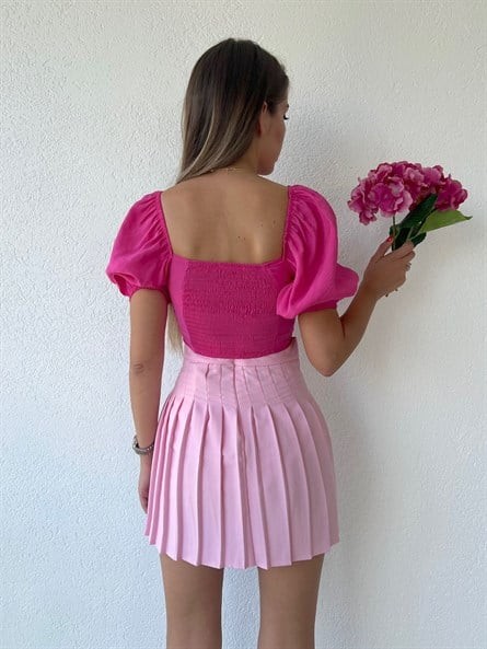 Pileli Mini Etek Pudra Pembe