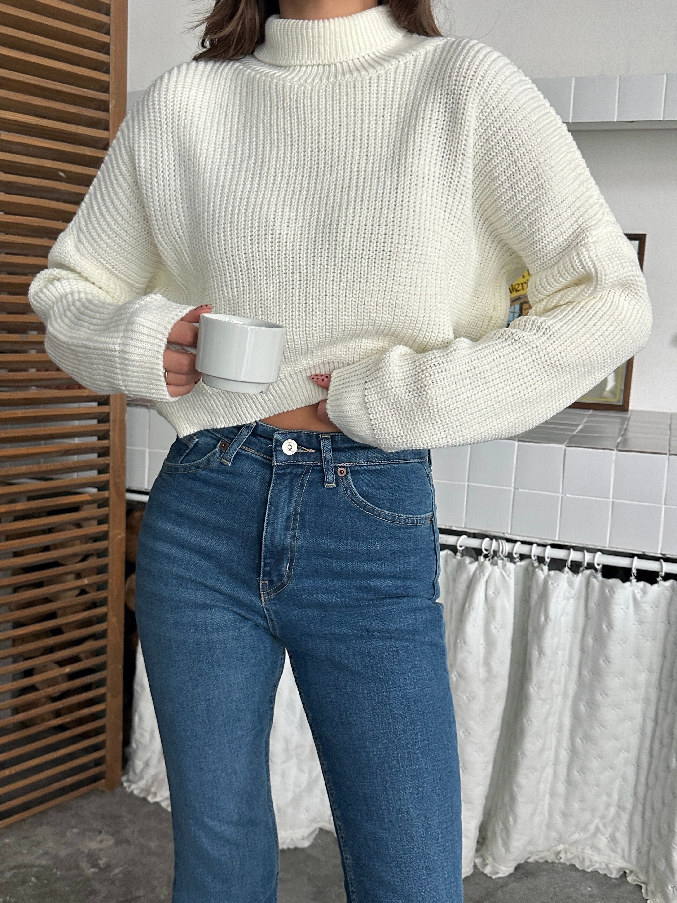 Boğazlı Crop Kazak - Ekru