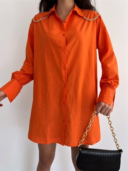 Zincir Apolet Oversize Poplin Gömlek Turuncu