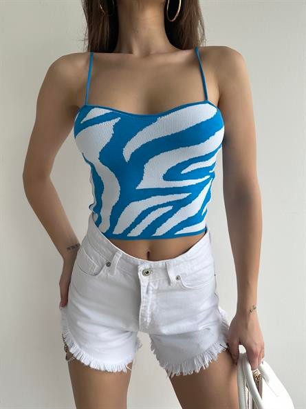 İp Askı Zebra Desenli Triko Bluz Turkuaz-Beyaz